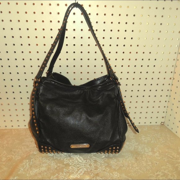 BURBERRY BRASS STUDDED BLK LEATHER SATCHEL HANDBAG - Picture 1 of 8